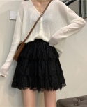 Sweet Lolita Hook Flower Lace Skirt  Kawaii Aesthetic All Match Women Skirt A Line Elastic High Waist Layered Mini Skirt