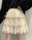 Sweet Lolita Hook Flower Lace Skirt  Kawaii Aesthetic All Match Women Skirt A Line Elastic High Waist Layered Mini Skirt