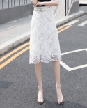  Fashion Elegant Lace Skirt 2022 Summer New Office Lady Commute All Match Hook Flower Hollow High Waist A Line Midi Skir