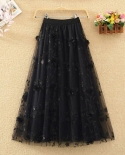Elegant Fashion Appliques Embroidery Mesh Pleated Skirt Office Lady Commute All Match Elastic High Waist Aesthetic Ankle