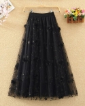 Elegant Fashion Appliques Embroidery Mesh Pleated Skirt Office Lady Commute All Match Elastic High Waist Aesthetic Ankle