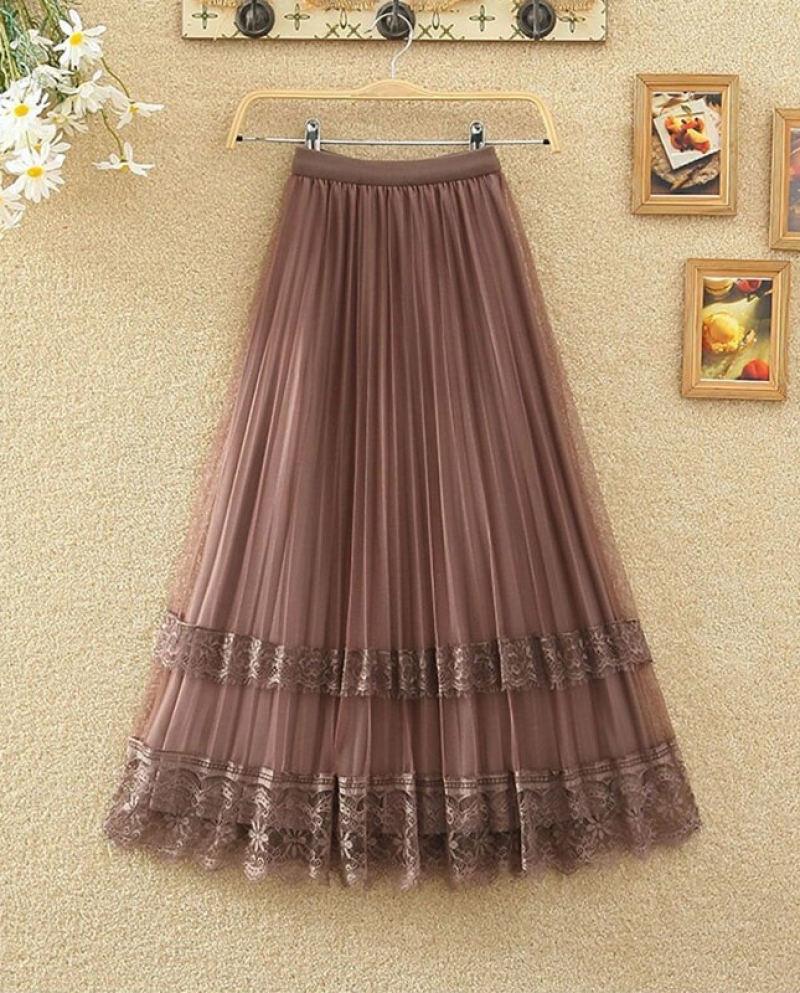  Fashion Lace Gauze Patchwork Pleated Skirt 2022 Spring Summer New Vintage Elegant High Waist Aline Midi Womens Skirt  