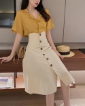 Señoras Vintage Ol Style Slim A Line Midi Faldas Botones de verano Empalmado Moda All Match Falda de cintura alta Ropa femenina
