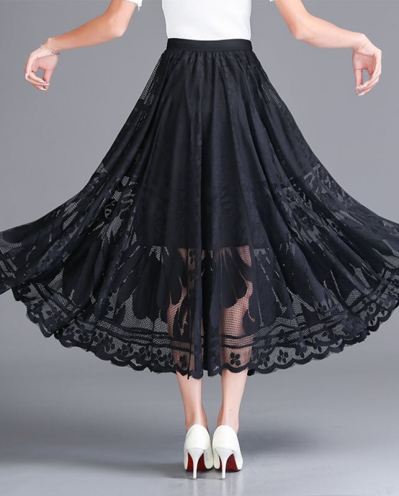 Vintage Elegant Hook Flower Hollow Lace Skirt 2022 Summer New Office Lady Commuter All Match High Waist A Line Midi Wome