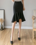Elegant Fashion Ruffles Splicing Mermaid Skirt 2022 Summer New Office Lady Commute All Match Asymmetrical High Waist Kne