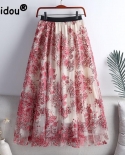 Spring Womens Fashion Elegant Celebrities Retro High Waist Slim Embroidered Skirt Flower Sequin Mesh Large Swing Ankle 