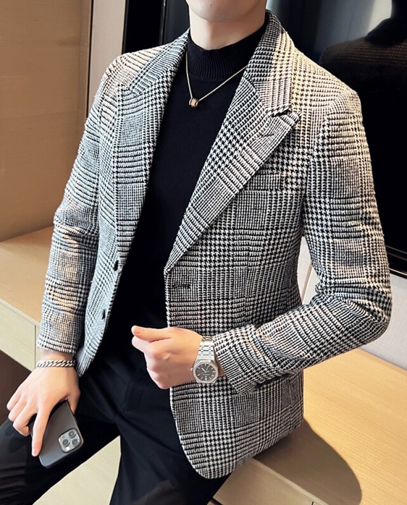 US$61.25-British Style Men Casual Blazer Houndstooth High Quality