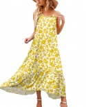 Summer Vacation Floral Pritned Long Dress  Backless Loose Swing Beach Dress Casual Boho Slip Dress 2022 New Vestido