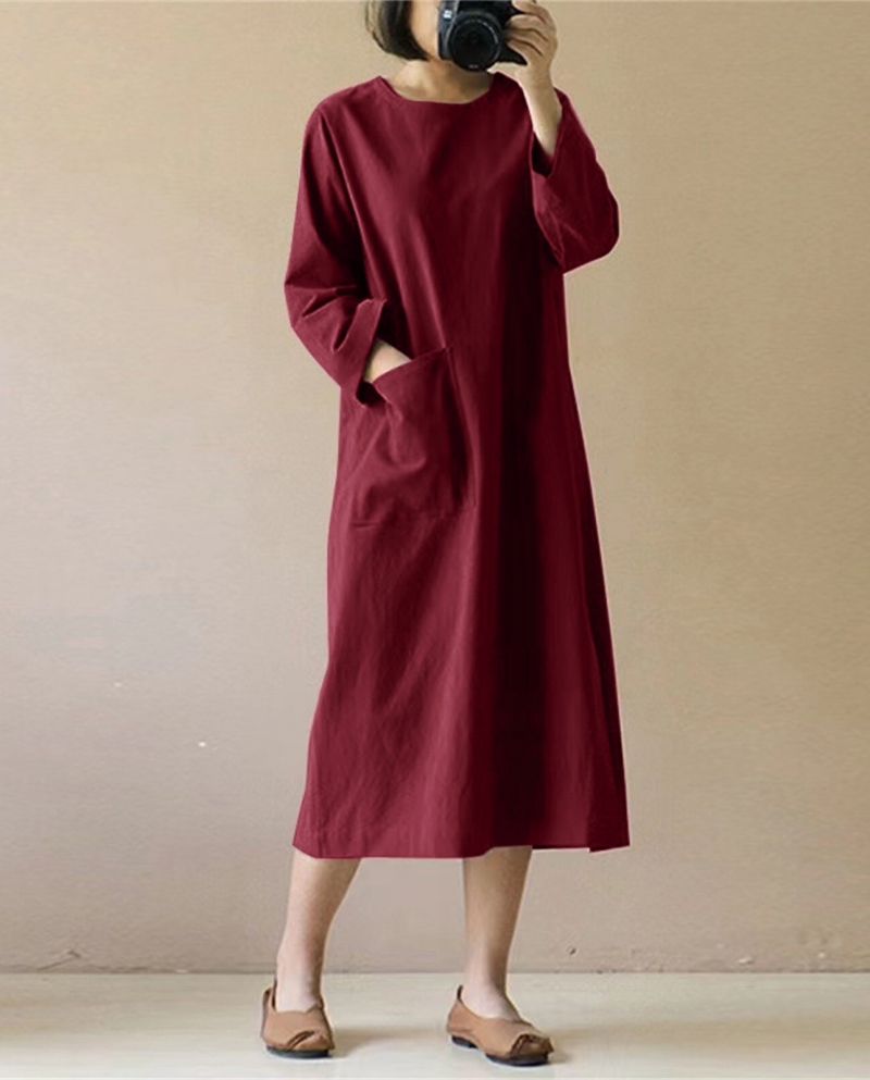 Women Casual Loose Solid Midi Dress Long Sleeve O Neck Solid Literary Retro Casual Dress With Pockets Elegant Daily Roun