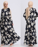 Womens Elegant Muslim Dress O Neck Tie Up Floral Long Maxi Dress Robe Abaya Islamic Flower Dubai Cardigan Ramadan Dress