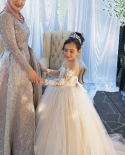 Lovely Champagne Flower Girl Dresses For Wedding Tulle Lace Long Sleeves Ball Gown Kids Wedding Party For Birthday