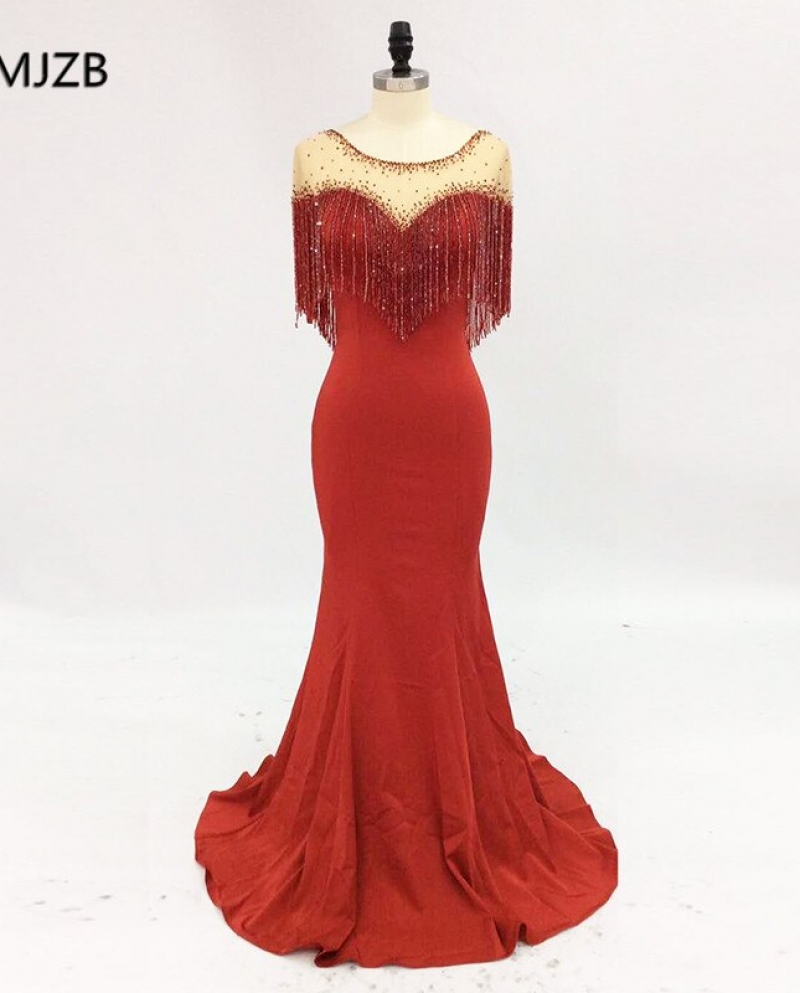 Luxury Long Evening Dress  Mermaid Illusion Neck Beads Crystals Tassels Red Formal Party Gown Prom Dress Robe De Soireee