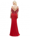 Luxury Long Evening Dress  Mermaid Illusion Neck Beads Crystals Tassels Red Formal Party Gown Prom Dress Robe De Soireee