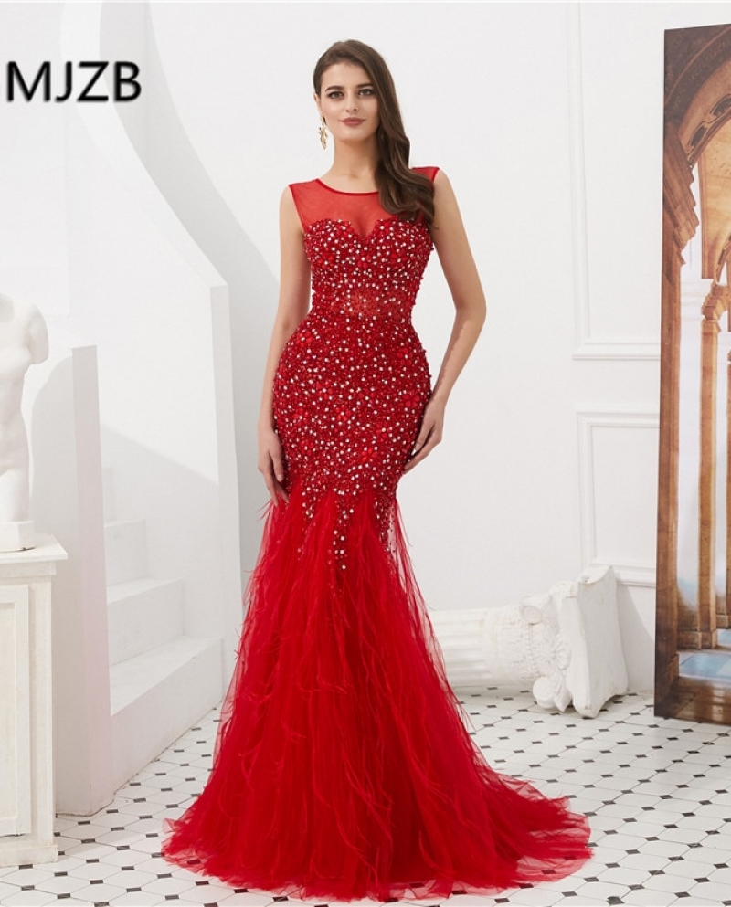 Red Mermaid Sparkly Evening Dress Long With Feathers Crystals Beads Luxury Prom Dress Formal Party Gown Robe De Soiree  