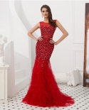 Red Mermaid Sparkly Evening Dress Long With Feathers Crystals Beads Luxury Prom Dress Formal Party Gown Robe De Soiree  