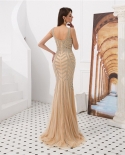 Champagne Long Evening Dress Elegant  Mermaid V Neck Crystal Tulle Luxury Arabic Evening Gown Formal Party Prom Dresseve
