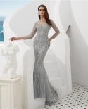 Robe De Soiree  Luxury Sparkly Evening Dress Long Sleeves Heavy Crystal Beading Silver Mermaid Prom Dress Formal Party G