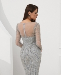 Robe De Soiree  Luxury Sparkly Evening Dress Long Sleeves Heavy Crystal Beading Silver Mermaid Prom Dress Formal Party G