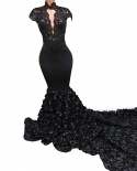 Robe De Soiree  Black Lace Mermaid Evening Dress High Neck Flower Cap Sleeves Long Train Prom Gown Formal Party Dressesm