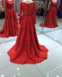 Real Photo Elegant Red Prom Dresses Long Sleeves  Lace Beaded Long Formal Evening Gown Party Dress Vestido De Festa  Pro