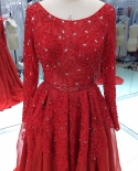 Real Photo Elegant Red Prom Dresses Long Sleeves  Lace Beaded Long Formal Evening Gown Party Dress Vestido De Festa  Pro
