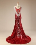Luxury Arabic Evening Dresses Long  Mermaid V Neck Floor Length Sparkly Beading Diamond Sequin Evening Gown Red Prom Dre