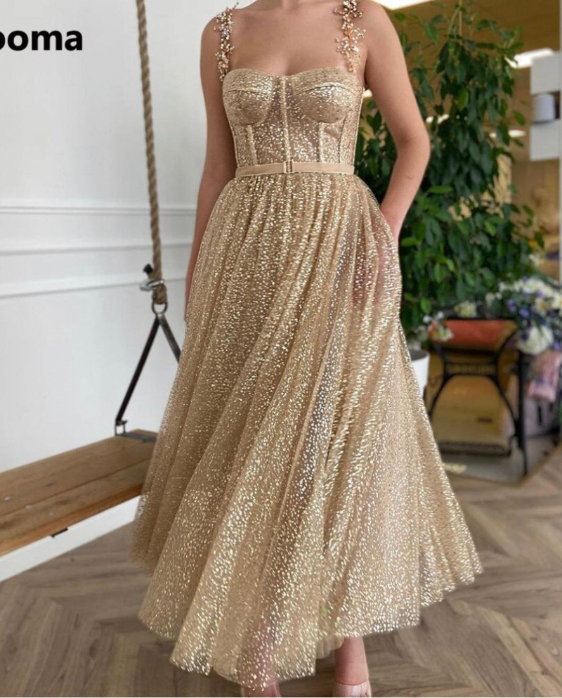 US 115.24 Booma Gold Glitter Tulle Prom Dresses Beaded Straps