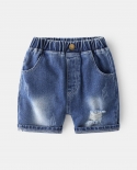 New Kids Summer Denim Shorts Baby Boys Fashion Solid Ripped Denim Shorts Children Casual Elastic Mid Waist Jeans Short P