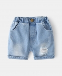 ילדים חדשים קיץ מכנסי גינס קצרים תינוקות בנים אופנה מכנסי גינס קצרים מוצקים קרועים ילדים קזואל גינס אלסטי אמצע מותן קצר P