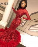 Red Sparkly Sequin Evening Dresses Mermaid  Long Sleeve Feathers Black Girl Graduation African Women Formal Prom Party G