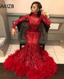 Red Sparkly Sequin Evening Dresses Mermaid  Long Sleeve Feathers Black Girl Graduation African Women Formal Prom Party G