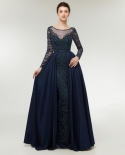 Abendkleider  Evening Dress Mermaid Long Sleeves With Train Navy Blue Beads Crystal Formal Prom Evening Gown Robe De Soi