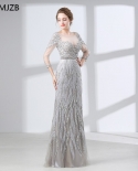 Elegant Silver Evening Dress  Mermaid Long Sleeves Sheer Neck Luxury Beaded Crystal Women Prom Evening Gown Robe De Soir