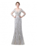 Elegant Silver Evening Dress  Mermaid Long Sleeves Sheer Neck Luxury Beaded Crystal Women Prom Evening Gown Robe De Soir
