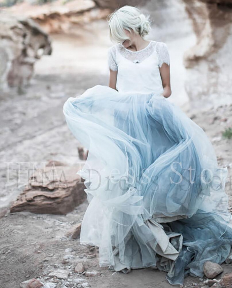 8960elegante Blue Lace O Neck Vintage Floor Length Pastrol Illusion Mesh Fabrics Short Sleeve  Prom Dress Women Evening