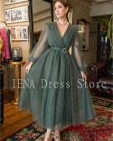 14313iena Elegant Ladies Soft Tulle Evening Dress Sheer Puff Sleeve Prom Dress Ankle V Neck Sheer Party Dress 2023 Puff
