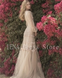 14275elegant Light Champagne Dotted Tulle Prom Dresses Puff Long Sleeves Scoop Neck Lace Applique Floor Length Evening 