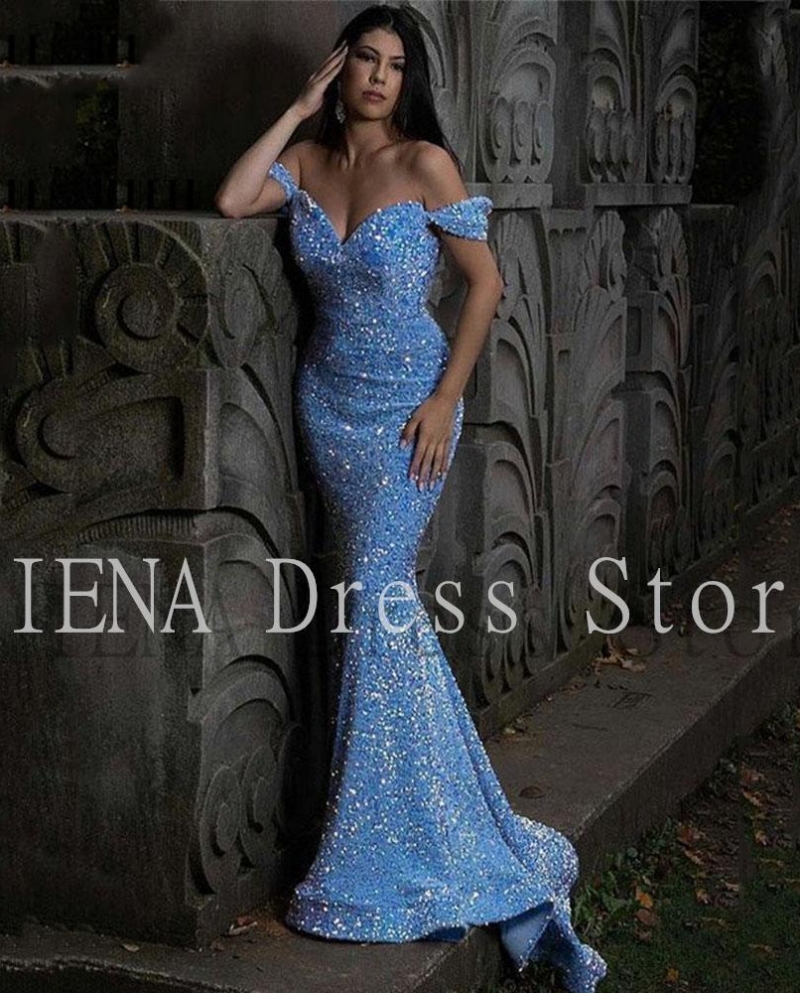 14376blue Off The Shoulder Sequins Mermaid Prom Dresses  Sweetheart Formal Party Wedding 2022 Sweep Train Robe De Soire