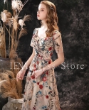 14280floral Prom Dresses Embroidery Romantic Colorful Flower Pattern Sheer Sleeves Evening Party Banquet Wedding Birthd