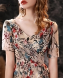 14280floral Prom Dresses Embroidery Romantic Colorful Flower Pattern Sheer Sleeves Evening Party Banquet Wedding Birthd
