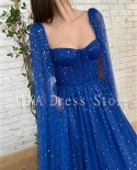 14311iena Royal Blue A Line Sparkly Stars Tulle Prom Dress Sweetheart With Long Cape Sleeves Evening Gowns Party