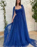 14311iena Royal Blue A Line Sparkly Stars Tulle Prom Dress Sweetheart With Long Cape Sleeves Evening Gowns Party