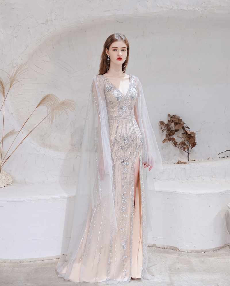 14270iena Nude Arabic Evening Dresses Prom Dresses Gowns Luxury Exquisite Cape Sleeves 2022 A Line Beaded  For Women Pa