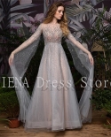 14331iena Sparkly Gold Gray Starry Tulle Prom Dresses Long Cape Sleeves A Line Formal Party Dress 2023 Evening Dress Pr