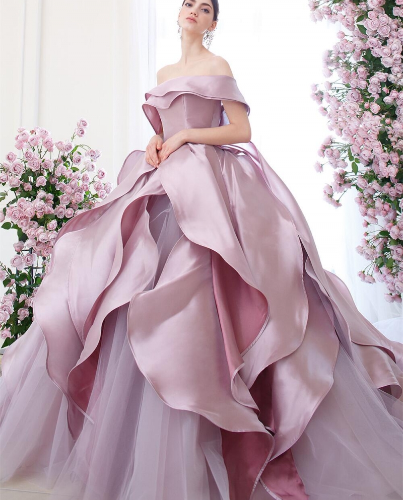 140502023 New Arrival Elegant A Line Solid Pink Ruffles Off The Shoulder Lllusion Sleeve Lady Party Prom Dress Evening 
