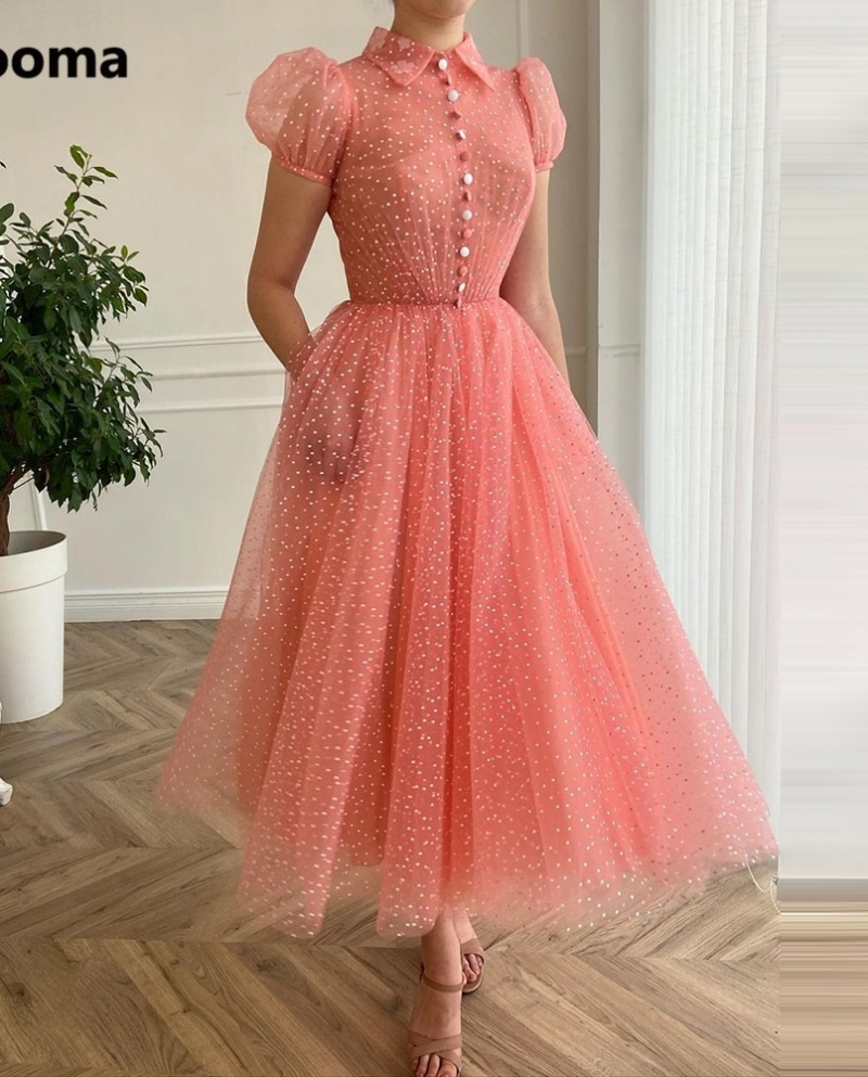 Vestidos de baile de tule vintage rosa palido Booma rosa palido tule mangas curtas vestidos de baile midi com bolsos comprimento