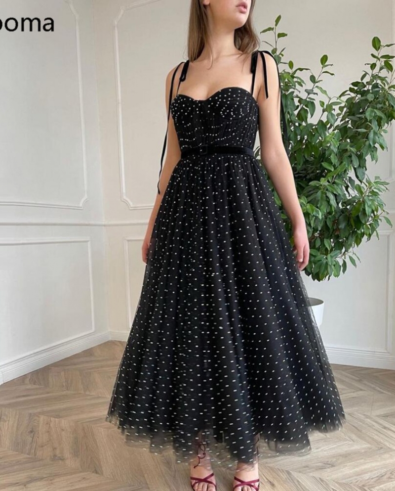 Booma Black Midi Tulle Prom Dresses Sweetheart Spaghetti Straps Tea Length Prom Gowns With Belt A Line Formal Party Dres