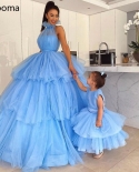 Booma Blue Ball Gown Prom Dresses  High Neck Sleeveless Tiered Skirt Evening Dresses Sashes Pleated Tulle Long Formal Go