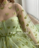 Booma Fairy Green Hearty Tulle Prom Dresses Long Sleeves Sheer Neckline A Line Prom Gowns Ribbon Sashes Formal Party Dre