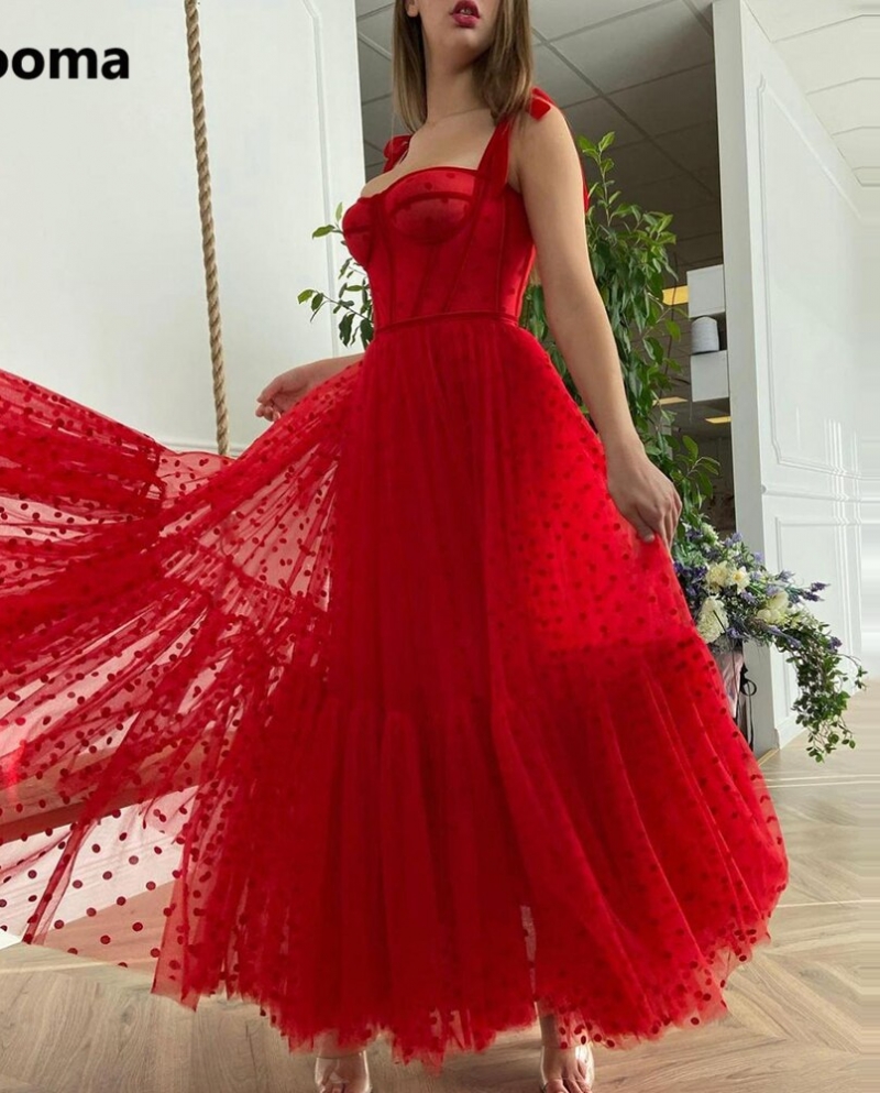 Booma Red Polka Dots Tulle Prom Dresses Spaghetti Straps Ribbons Tied Bow Tealength Prom Gowns Tiered Aline Formal Party